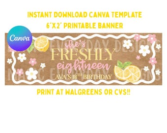 Modello di banner floreale per il 18° compleanno: design modificabile su Canva (download immediato) / STAMPA da Walgreens