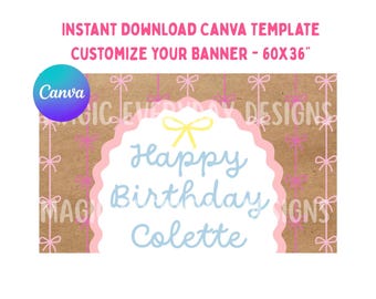 Modello di banner di compleanno con bordo smerlato e fiocchi: design modificabile su Canva (download immediato)