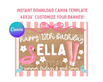 Modello per banner di compleanno "Summer Fridays": design modificabile su Canva / 48x36" (download immediato)