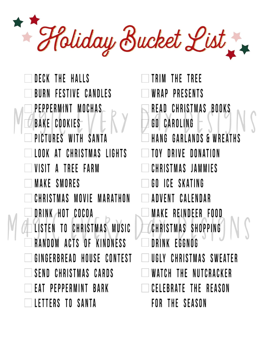 Holiday Bucket List PRINTABLE // Xmas Checklist // Xmas to Do // Xmas