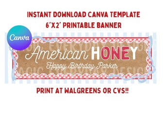 Modello di striscione per il primo compleanno a tema miele americano: design modificabile su Canva (download immediato) / STAMPA da Walgreens