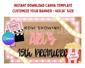 Movie Night Birthday Party | Custom Banner Template: Editable Canva Design 60x36 (Instant Download)
