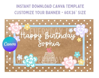 Modello di striscione per festa di compleanno a pois: design modificabile su Canva (download immediato) / 60x36"