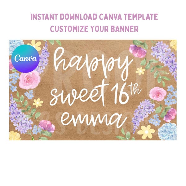 Blumen Geburtstag Banner Vorlage: Bearbeitbares Canva Design (Instant Download)