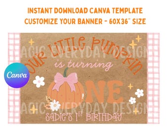 Little Pumpkin First Birthday Party | Banner Template | Editable Canva Design (Instant Download) | 60x36"