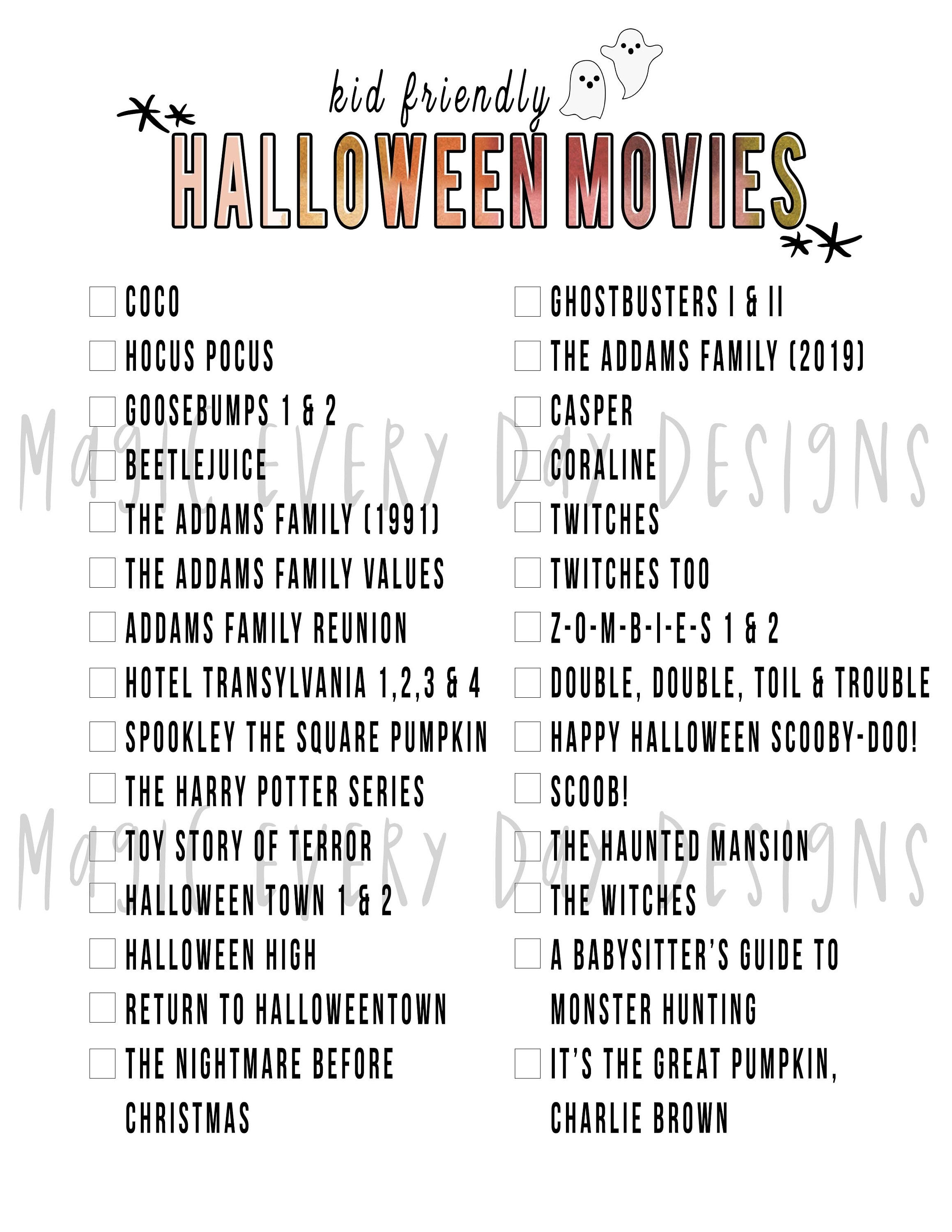 HALLOWEEN Movie Challenge Printable // Kid Friendly Halloween Movies