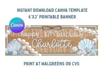 Modello di striscione di compleanno con conchiglie e perle: design modificabile su Canva / stampa 2x6 WALGREENS CVS / download immediato / stampabile digitale