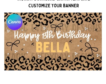 Plantilla de pancarta de cumpleaños con estampado de guepardo: Diseño editable en Canva (descarga instantánea)