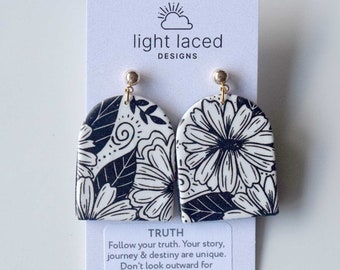 TRUTH | Black & White Daisy Floral | Clay Statement Dangle Earrings | Original Artwork | Hand Drawn