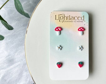 Mini Polymer Clay Stud Earrings: Mushroom, Daisy, Strawberry - 3-Pack