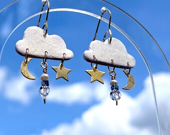 Iridescent Cloud Dangle Earrings: Moon, Star & Crystal Charms