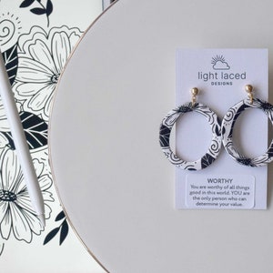 WORTHY | Organic Circle Clay Statement Dangle Earrings | Black & White Daisy Floral | Inspirational Jewelry | Neutral