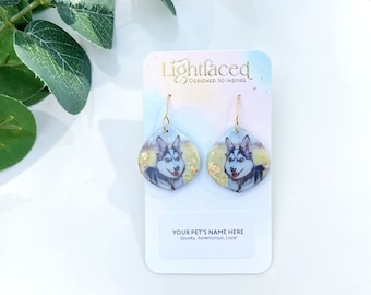 Custom Pet Photo Earrings: Gold Leaf Dog Face Dangle Earrings