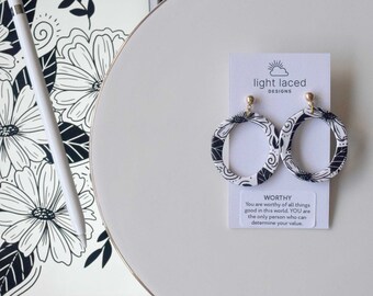 WORTHY | Organic Circle Clay Statement Dangle Earrings | Black & White Daisy Floral | Inspirational Jewelry | Neutral