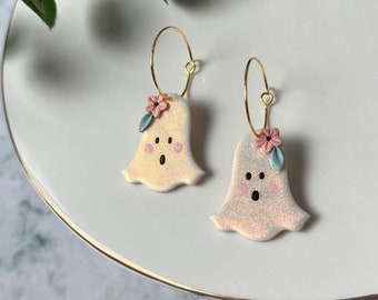 Glow in the Dark Ghost Earrings | Floral Polymer Clay Hoops