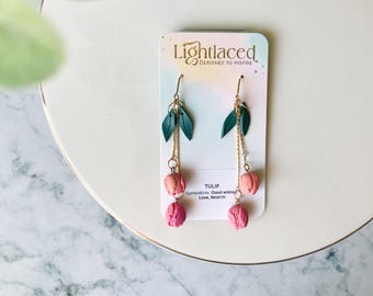 Polymer Clay Tulip Dangle Earrings: Floral Spring Jewelry