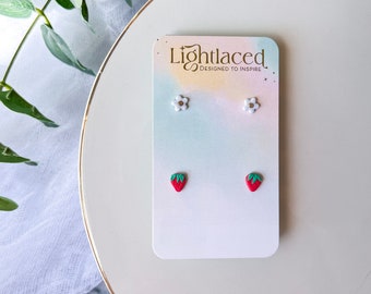 Mini Strawberry & Daisy Stud Earrings: Polymer Clay Gift Set