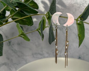 DREAMER | Glitter Iridescent Moon & Tassel Clay Statement Earrings with Pearls