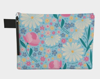Daisy Floral Zipper Pouch: Denim-Lined Wristlet Purse