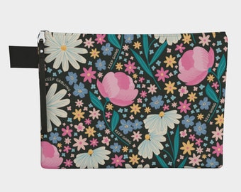 Black Floral Wristlet: Peony & Daisy Zipper Pouch
