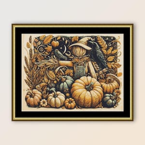 Scarecrow & Pumpkins Cross Stitch Pattern, Instant Digital Download, Printable PDF Autumn Fall Landscape Chart  (242)