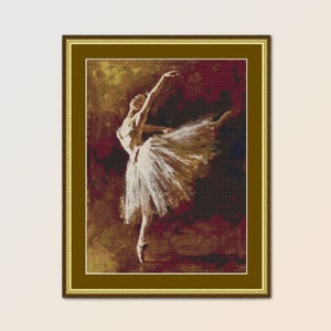 May include: A framed painting of a ballerina in a white tutu, performing a graceful pose against a dark brown background.