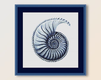 Blue Nautilus Shell Cross Stitch Pattern, Ernst Haeckel, Instant Download Sealife Chart (457)