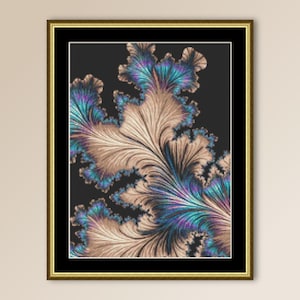 May include: Framed artwork featuring a digital fractal design. The image showcases a complex pattern of beige, teal, and purple hues against a black background. The artwork is encased in a gold-colored frame, adding a touch of elegance to the piece.