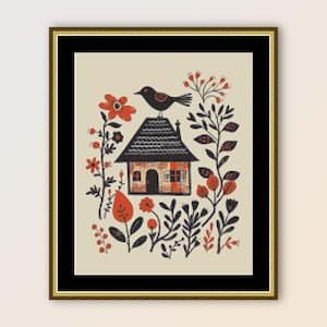 Volkskunst Vogelhaus Kreuzstichmuster, sofortiger digitaler Download, druckbare Primitive PDF-Blumenkarte (096)