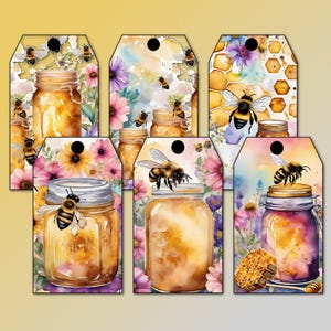 Six Bees & Honey-tags voor ongewenste tijdschriften, kunstdagboeken, scrapbooking, kaarten, geschenken, jpg/pdf, instant download bloemen ephemera (T017)