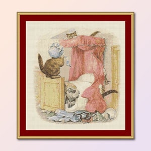 May include: A cross-stitch pattern featuring a playful scene of three cats in a bedroom. One cat is perched on a dresser, another is peeking out from behind a pink curtain, and the third is sprawled on the bed. The room is filled with scattered items, including a blue hat, a white blanket, and a pink pillow.