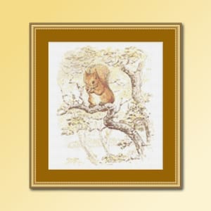 May include: A framed cross-stitch embroidery showing a brown squirrel perched on a branch of a tree with green leaves. The background is a light brown colour.