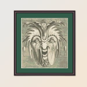 May include: A black and white illustration of a face with a whimsical, almost grotesque expression. The face is surrounded by intricate details that resemble foliage or hair. The image is framed in a dark wood frame with a green mat.