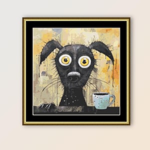 Frazzled Dog kruissteekpatroon, "Koffie PLEASE!", Instant digitale download keukendecor, afdrukbare grillige dierenkaart (441)