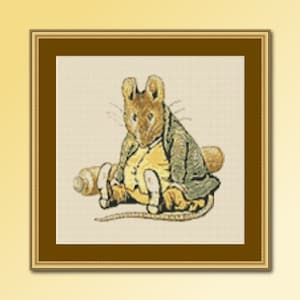 May include: A cross-stitch pattern featuring a cartoon mouse wearing a green jacket and yellow vest, sitting with a rolled-up scroll in its paws.