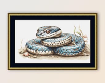 Motif serpent bleu au point de croix, téléchargement immédiat, tableau des reptiles PDF imprimable (376)