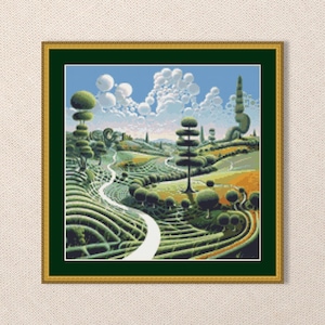 May include: A painting of a winding path through a green landscape with trees and a blue sky with white clouds.