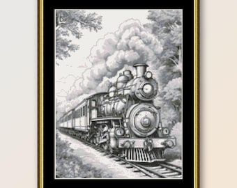 Patrón de punto de cruz de locomotora de vapor, descarga instantánea de ferrocarril, gráfico ferroviario imprimible en PDF (444)