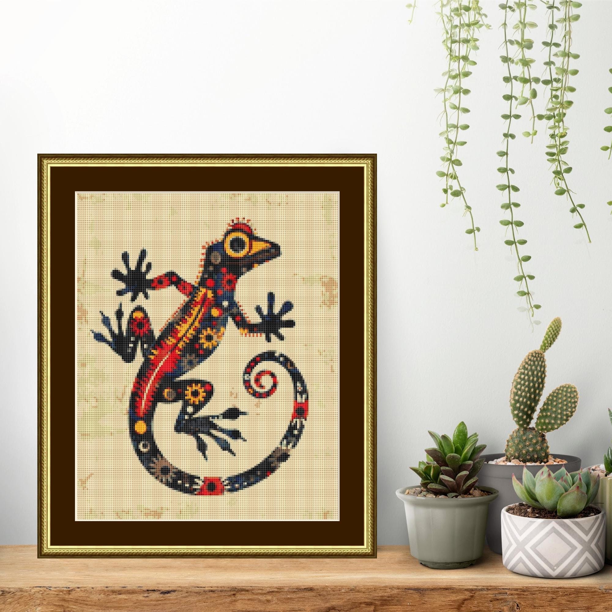 Folk Art Gecko Cross Stitch Pattern: Abstract Lizard Xstitch Chart