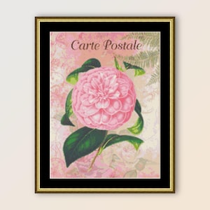 Carte Postale Różowa piwonia Wzór do haftu krzyżykowego, Natychmiastowe cyfrowe pobieranie Folk Art, Wydrukuj PDF Abstrakcyjna prymitywna tabela kwiatowa (382)