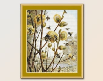 Busy Bees Cross Stitch Pattern, Instant Download, Printable PDF Botanical Chart (733)