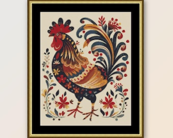 Folk Art Rooster Cross Stitch Pattern: Primitive Cockerel xStitch Chart (Digital Download)  #119