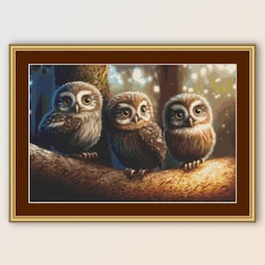 Three Little Owls Cross Stitch Pattern, Instant Digital Download, Printable PDF Bird Chart (515)