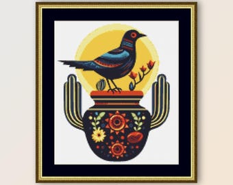 Patrón de punto de cruz de pájaro de arte popular: Botánico abstracto (descarga digital)