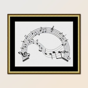 May include: Black and white cross stitch pattern of musical notes arranged in a circular design. The notes are connected by lines, creating a flowing, musical effect.