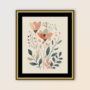 Volkskunst bloementuin kruissteekpatroon, instant digitale download, afdrukbare primitieve abstracte pdf bloemenkaart (189)