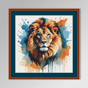 Patrón de punto de cruz de león en acuarela, descarga digital instantánea, gráfico de animales salvajes imprimible (1042)