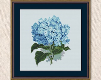 Blue Hydrangea Cross Stitch Pattern, Instant Download, Printable Floral PDF Chart (004)