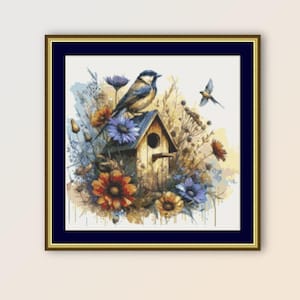 Vogel en vogelhuisje kruissteekpatroon, instant digitale download, afdrukbare pdf bloemenkaart (406)