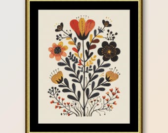 Patrón de punto de cruz de flores silvestres de arte popular: PDF floral abstracto (descarga digital)